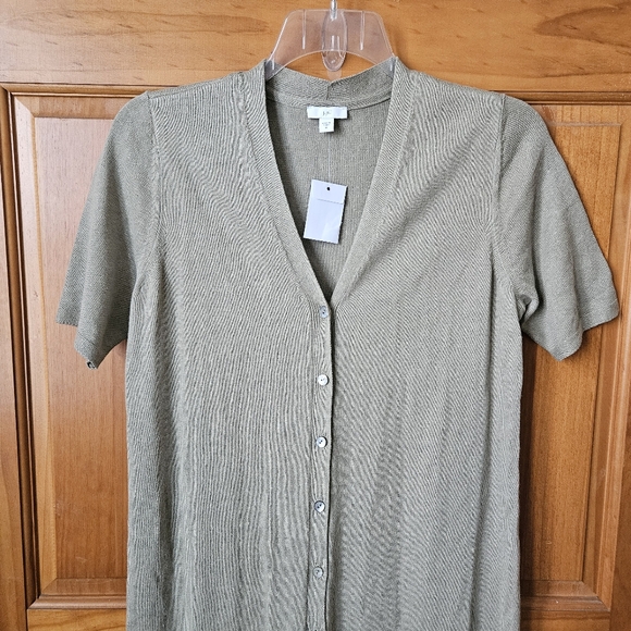 J. Jill Long Linen-Blend Long Cardigan Women Med Button Front V-Neck Sage Green - Picture 13 of 14
